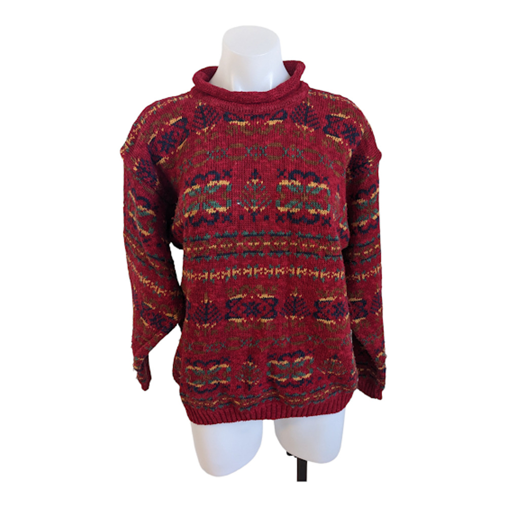 Vintage Talbots Small Fair Isle Knit Sweater Red Cotton Linen Blend Mock Neck